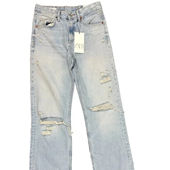 Zara Jeans Zara Zw Collection Mid Rise Wide Leg Ripped Jeans